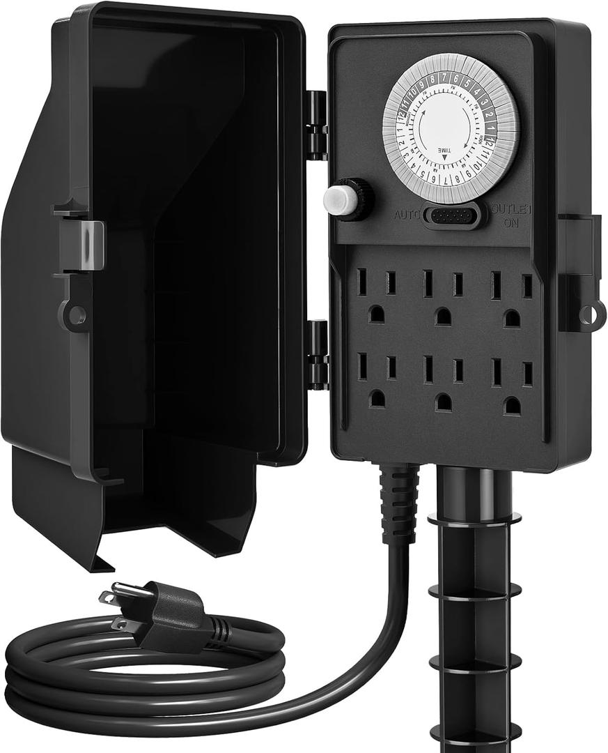 SURAIELEC Outdoor Power Stake, 24-Hour Mechanical Light Timer, Electrical Power Strip Weatherproof, 6FT Extension Cord Multiple Outlets Plug for Patio Lights, Halloween Decorations. Outdoor Light (Black)