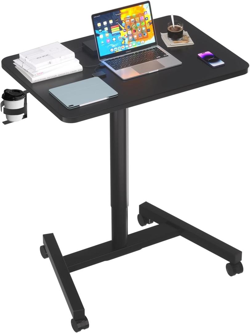 28-Inch Mobile Standing Desk, Computer Workstations with Cup Holder, Portable Standing Desk with Lockable Wheels, Rolling Table for Home Office Classroom Hospital (Jet - Black)