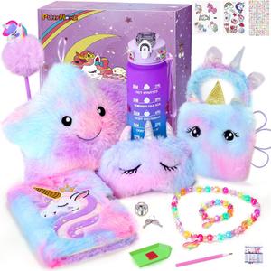 PERRYHOME Unicorns Gifts for Girls Age 4 5 6 7 8 9 10+ Birthday Back to School Day Gifts, Soft Plush Toys Set with Light-up Star Pillow, DIY 900ML Bottle, Diary, Coin Purse, Unicorn Plush Accessory (Purple)