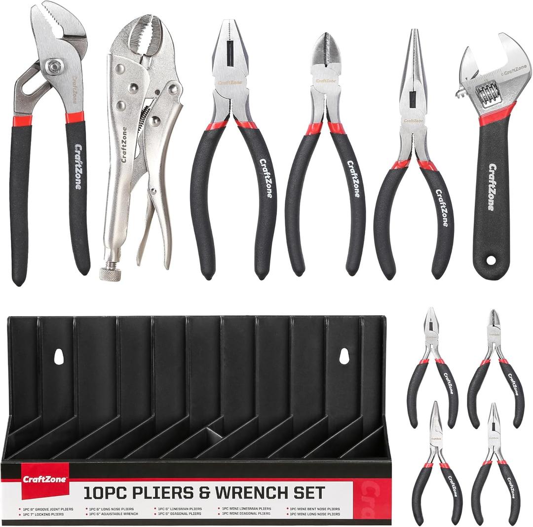 10PC Pliers and Wrench Set with Storage Rack  Includes Locking | Long Nose | Diagonal Cutter | Groove Joint | Linesman & Mini Plier, Carbon Steel Tool Kit for DIY and Home a Gift for Man