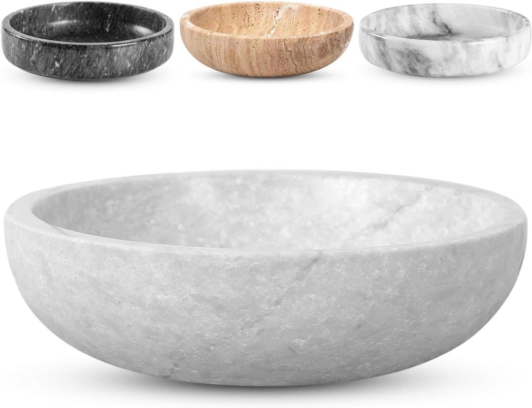 Travertine Decorative Bowl - 7.8 Diameter & 2 Height - Key Bowl for Entryway Table - Organic Modern Centerpiece - White/Gray