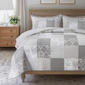 SLPR Silver Linings Cotton Quilt Set - King Size with 2 Shams, Neutral Pieced Patchwork Design, Country Silver Gray Quilted Comforter, Lightweight Summer Farmhouse Bedspread