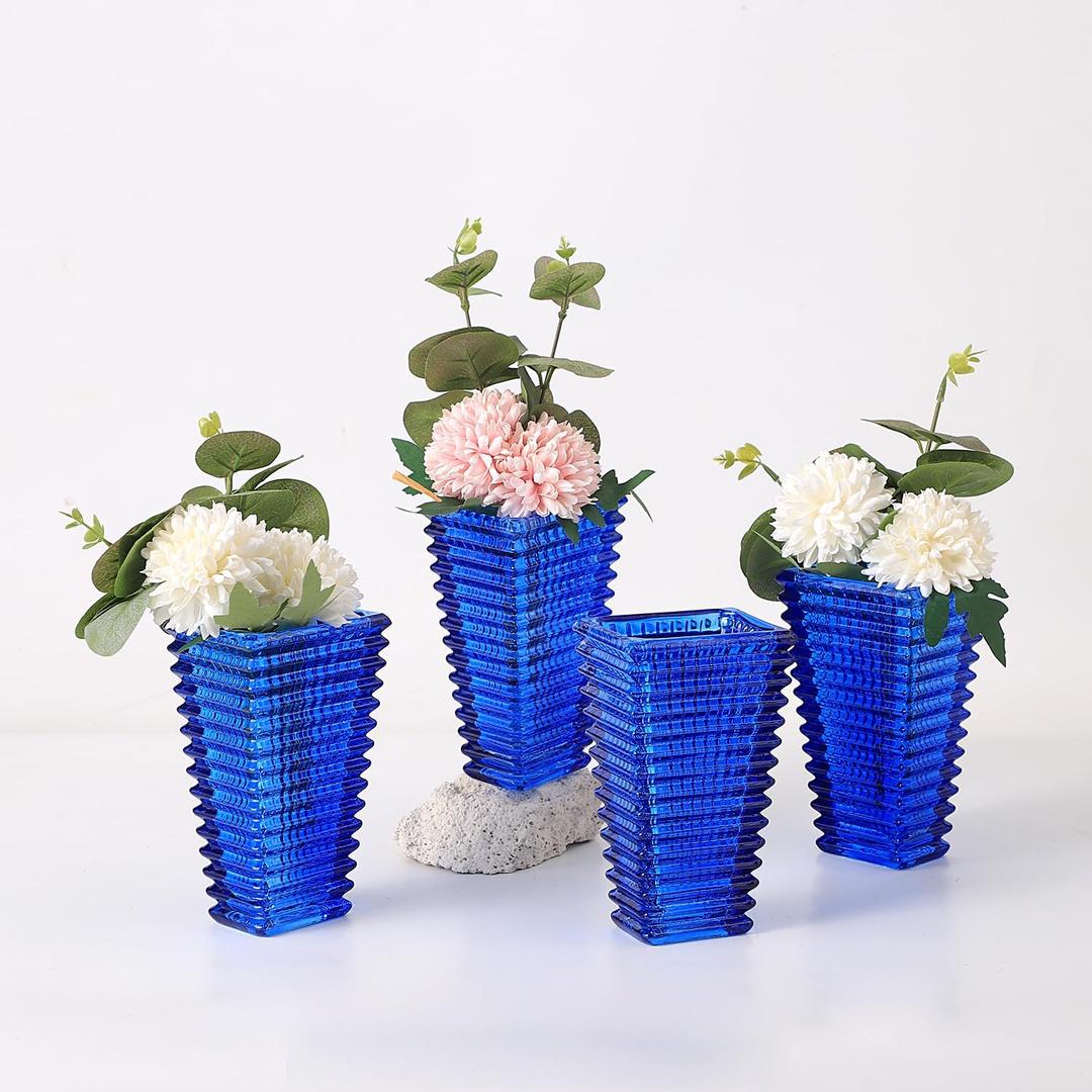 MCMCNCUIU Crystal Vases Set of 4, Blue Glass Vases, Crystal Vase for Centerpieces, Modern Flower Vase for Living Room, Bedroom, Kitchen, Dining Table, Shelf, Wedding, 6 Inches (Small-4 Pack)