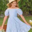 GRACE KARIN Girls Summer Tie Back Dress Square Neck Lantern Sleeve Ruffle Hem Elegant Dresses for 7-14 Years (Blue)