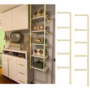 Gold Industrial Wall Mount Iron Pipe Shelf Bracket, DIY Open Bookshelf,Storage Shelves, Ceiling hung Shelves for Home Kitchen Bathroom Living Room Office(2PcsX5Tier,70" Tall,12"deep,Hardware Only)