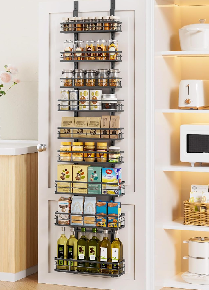 Delamu 9 Tier Over The Door Pantry Organizer, Pantry Organization and Storage, Hanging Spice Rack for Pantry Door Organizer, Metal Pantry Door Shelves for Kitchen, Bathroom, Laundry Room,15.3" Black