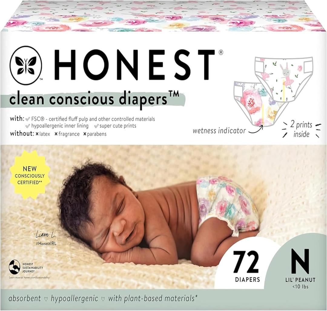 The Honest Company Clean Conscious Diapers for Sensitive Skin | Hypoallergenic, Fragrance Free | Girl Prints | Club Box, Size Newborn, 72 Count (Newborn (72 Count), Rose Blossom + Tutu Cute)