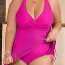 B2prity Women's Plus Size One Piece Swimdress Swimsuit Tummy Control Slimming Swim Dress Mesh Drawstring Skirted Bathing Suit (Pink, L)