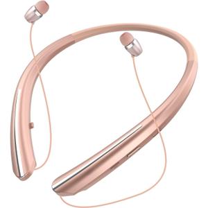 Bluetooth 5.0 Neckband Bluetooth Headphone, Sweat Resistant Noise Cancelling Stereo Headphones, and Retractable Ear Tips for Music, Conference, Videos (Rose Gold)