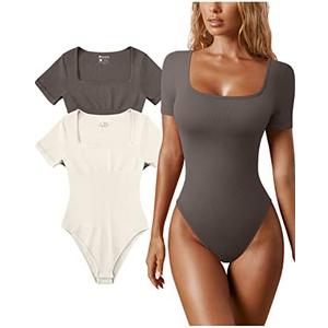OQQ Women's 2 Piece Bodysuits Sexy Ribbed One Piece Square Neck Short Sleeve Bodysuits L