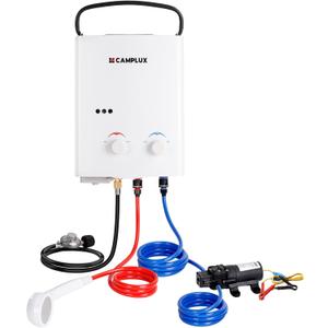 CAMPLUX Portable Propane Water Heater & Pump Kit, 1.32 GPM Tankless Gas Shower System with 12V Pump, Long Power Cables & Extension Hoses, Instant Hot Water for Off-Grid Camping, RV, AY132P43, White