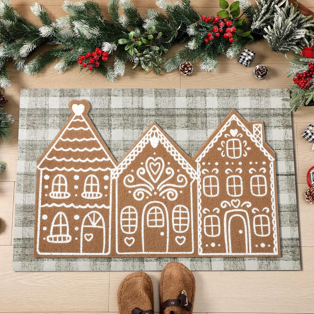 Tinideya 2 Pcs Christmas Door Mat Gingerbread House Brown and White Non Slip Xmas Winter Floor Doormat Buffalo Plaid Checked Mat for Front Porch Entryway