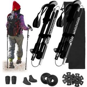 Collapsible Trekking Poles for Hiking - Lightweight Aluminum Walking Sticks with Adjustable Locks, Extendable to 51 Inches (Set of 2) (Black)