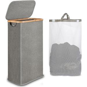 60L Slim Laundry Hamper, Narrow Laundry Basket with Lid, Foldable Clothes Hamper with Bamboo Handles, Hamper Basket with Removable Inner Bag for Laundry Room Bedroom College Dorm, 15.85 Gals Grey