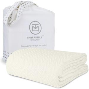 Threadmill Luxury Cotton Blankets for Twin Size Bed | All-Season 100% Cotton Twin Blanket for Bed | Herringbone Soft & Cozy Fall Thermal Blanket, 350GSM, 68x92 inches | Tusk White