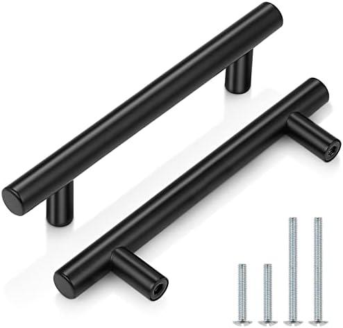 Probrico (10 Pack Flat Black Cabinet Handles, 3-3/4 Inch Hole Centers Modern Cabinet Hardware Cupboard Pull Kitchen Cabinet T Bar Handle Dresser Pulls, 6 Inch Total Length 9 p