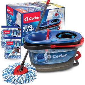 O-Cedar RinseClean Spin Mop & Bucket System + 2 Extra Mop Heads| Clean with Clean Water | Removes 99% of Bacteria (Rinseclean Spin Mop & Bucket + 2 Extra Refills)