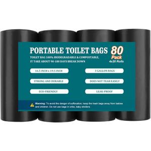 80PCS 3 Gallon Biodegradable Waste Bags, Bathroom Trash Can Bin Liners, Small Portable Toilet Bags, Camping Trash Bag for Home Office Kitchen, Pack of 4 