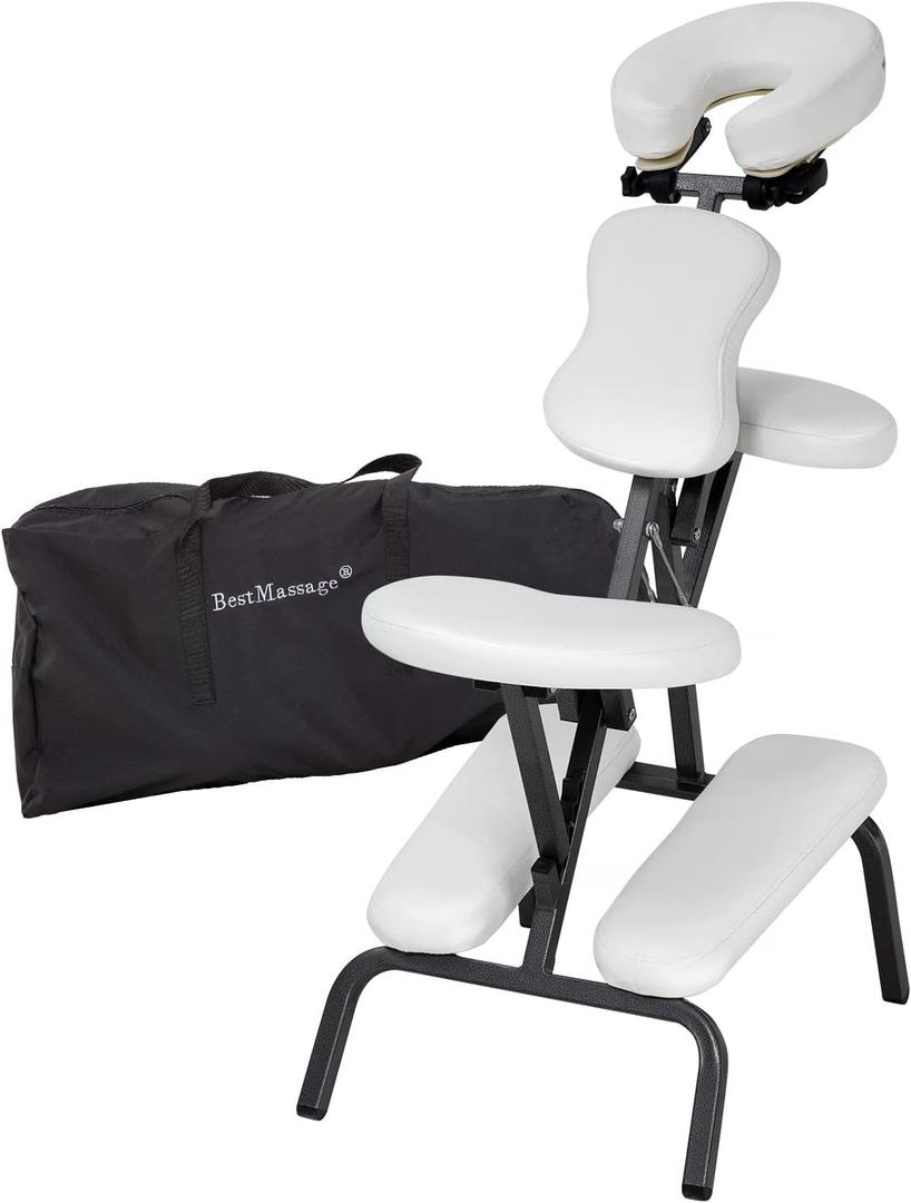 BestMassage Portable Massage Chair for Tattoo and Spa Foldable Massage Therapy Chair with Adjustable Face Cradle High-Density Cushion Lightweight Design with Carrying Bag Ideal for Salon Use (White)