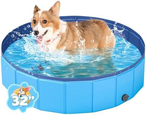 YSJILIDE Foldable Dog Pool, Portable PVC Dog Pet Swimming Pool, Collapsible Plastic Dog Bath for for Large Medium Small Dogs & Kids (S-32"x 8" Blue)