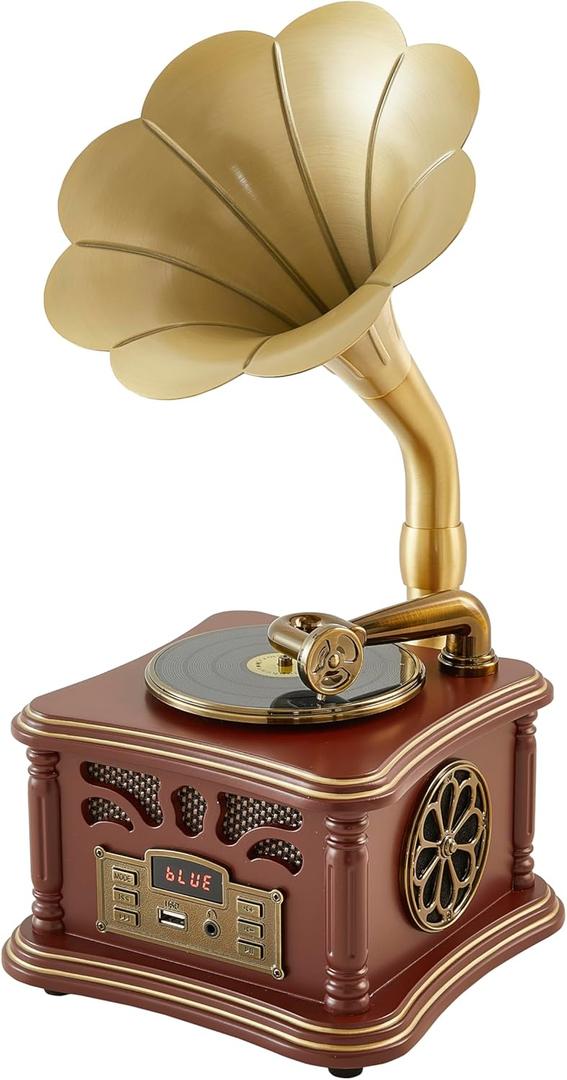 Retro Vintage Gramophone Record Player, Decorative Phonograph with Bluetooth/USB, Hi-Fi, Handcrafted by Pure Oak (Brown) for Music Player/Home Decoration/Retro Collection/Gift