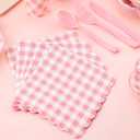 350 Pcs Pink Gingham Plates and Napkins Party Supplies - Pink and White Checkered Plates Sets Serve 50 Guests - Scalloped Gingham Paper Plate for Birthday Wedding Picnic Mother's Day Party Decorations