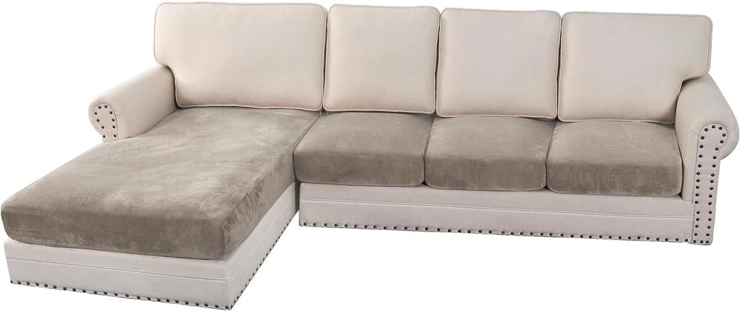 H.VERSAILTEX Velvet Stretch Sectional Couch Covers 4 Pieces Sofa Seat Cushion Covers L Shape Separate Cushion Couch Chaise Cover for Both Left/Right Couch (Large Sofa 3 Seater + 1 Chaise, Oatmeal)