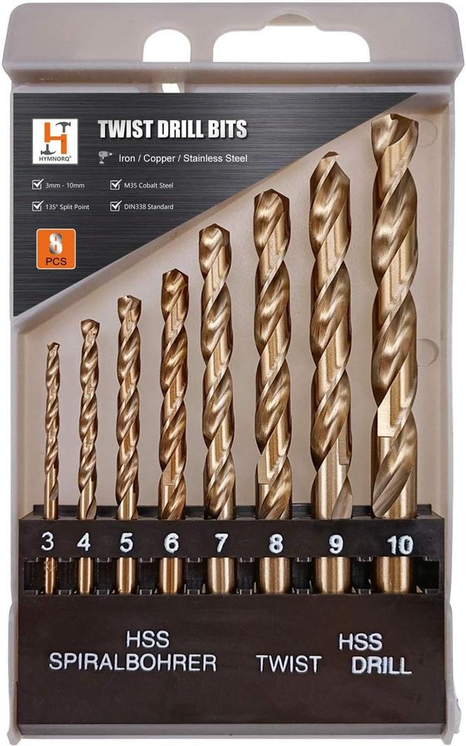 Hymnorq 8-Piece M35 Cobalt Steel Drill Bit Set (3mm-10mm), Dual Twist Flute, Bronze Finish, 135 Split Point, with Plastic Index Case, Ideal for Metals Like Stainless Steel Iron Aluminum and Copper