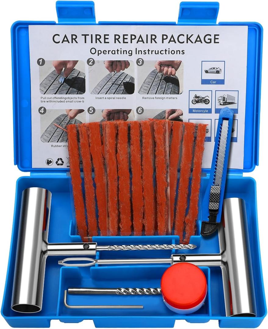 BETOOLL Universal Tire Repair Kit, Heavy Duty 22 Pcs Emergency Tire Plug Kit, for car Motorcycle, Truck, ARBATV, Tractor, RV, SUV, Trailer (07- 22pcs (Blue)