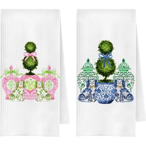 Chinoiserie Christmas Topiary Tree Kitchen Towels, Christmas Staffordshire Dogs Dish Tea Towel for Kitchen, Grandmillennial Xmas Decorative Hand Towels for Bathroom, 16x24 Inches Set of 2