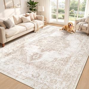 Area Rug 6x9 Vintage Rug: Washable Indoor Medallion Rugs Low Pile Distressed Floor Carpet Retro Accent Rug for Living Room Bedroom Kitchen Dining Table Home Office(Beige, 6'x9')