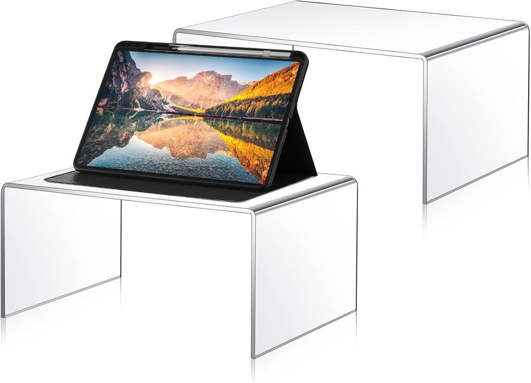 RattanView 2 Pcs 14 Inch Large Acrylic Risers Display Stands 5 mm Thick Acrylic Shelf Riser Showcase for Collectibles Jewelry Cupcakes Food Figures Perfume Cabinet (Clear)