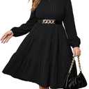 ShopWonder Women Plus Size Knit Sweater Dress Round Neck Long Sleeves Comfy Pullover Winter Midi Dress with Belt (X-Large, Black)