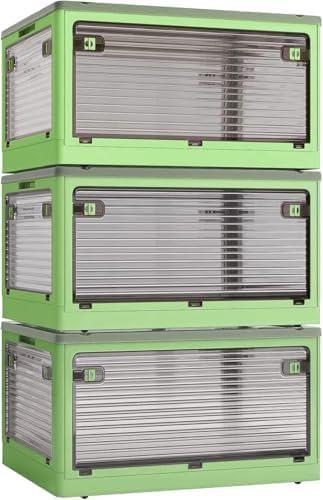 3-Pack Stackable Storage Bins, 83-Liter Collapsible with Wheels and 3 Lids, Foldable Organizers for Outdoor Camping, Green