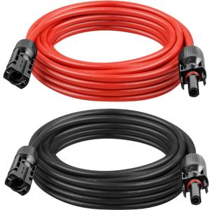 Solar Panel Extension Cable - 12AWG 10FT Solar Wire with Female & Male Waterproof Connector PV Wire for RV, Photovoltaic Systems, Home, Boat, Solar Panels, Car(10ft Red + 10ft Black)