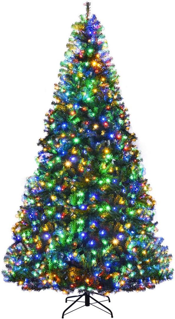 Goplus 9FT Pre-Lit Artificial Christmas Tree Auto-Spread/Close up Branches 11 Flash Modes with Multicolored 1000 LED Lights & Metal Stand