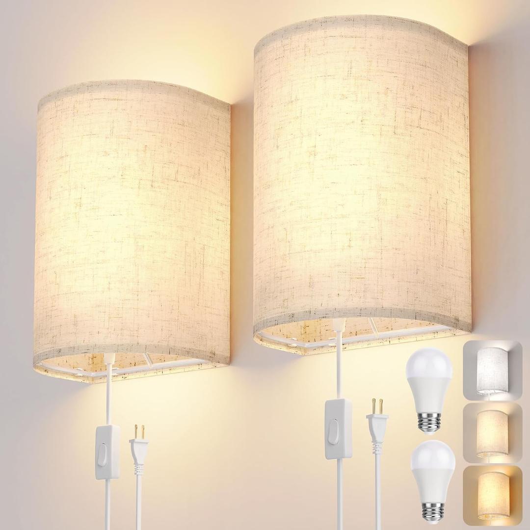 OCATO Plug in Wall Sconces Set of Two: Wall Light Wall Lamp with On/Off Switch 3000K 4500K 6000K Selectable Fixtures Fabric Linen Shade Wall Decor Wall Lights for Bedroom Living Room Hallway Indoor