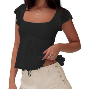 Meihuida Women's Lace Babydoll Cap Sleeve Tank Top (Medium, Tie Front Black)