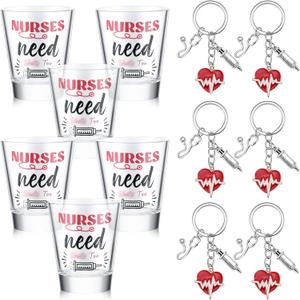 Nuenen 5 Pcs Funny Nurse Gifts for Women Men Set Including 2 oz Nurses Small Glass and Nurse Keychain Thank You Nurse Week Appreciation Gifts for Nursing School Student Graduation