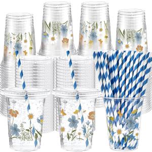50 Pcs Blue Boho Flower Disposable Cups with Lids and Straw 12 oz Spring Floral Clear Plastic Drinking Cups Wildflowers Drinking Cup for Summer Spring Birthday Baby Shower Party Supplies