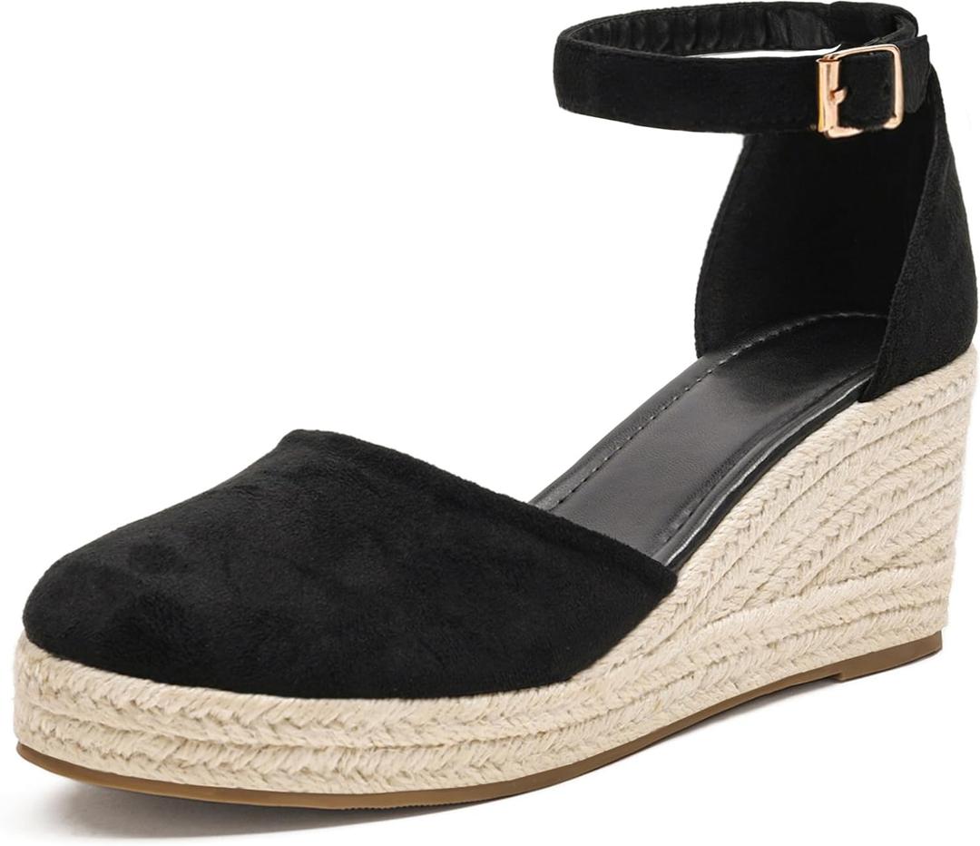 Womens Espadrilles Sandals, Closed Toe Platform for Women Ankle Strap Casual Comfortable Wedge Sandals (5.5, Black)