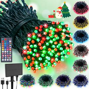LitHome 100 LED Solar Christmas String Lights Outdoor, 33FT 34Colors Solar/USB String Lights Waterproof with Remote, 102 Modes Color Changing Christmas Light Dimmable for Xmas Tree Party Indoor Decor (RGB (Red, Green, Blue))
