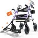 3 in 1 Folding Rollator Walker with Seat, Aluminum Transport Wheelchair Combo with Adjustable Footrest, Storage Bag & Cup Holder, Mobility Walker for Seniors, Purple