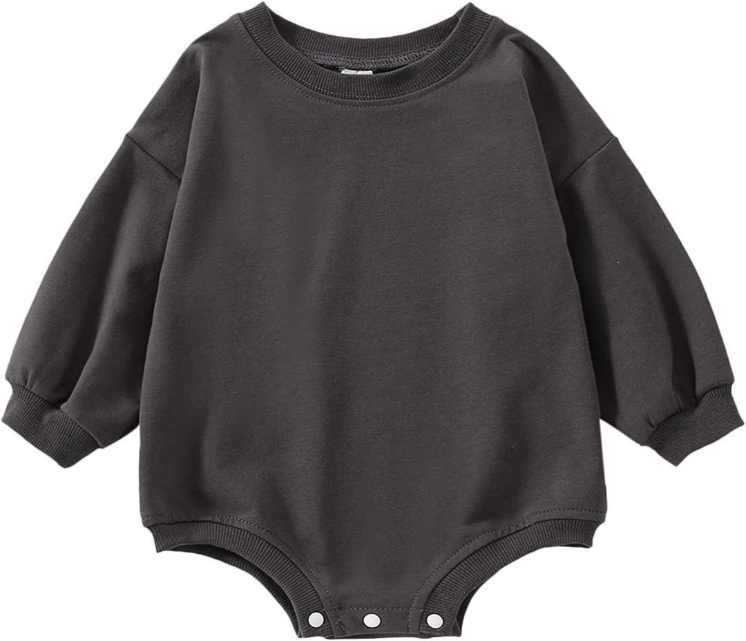 Baby Boy Girl Bubble Shirt Romper Outfit Short Sleeve Summer Bodysuit Top Newborn Oversized Crewneck Jumpsuit (3-6 Months, Solid Dark Gray Romper)