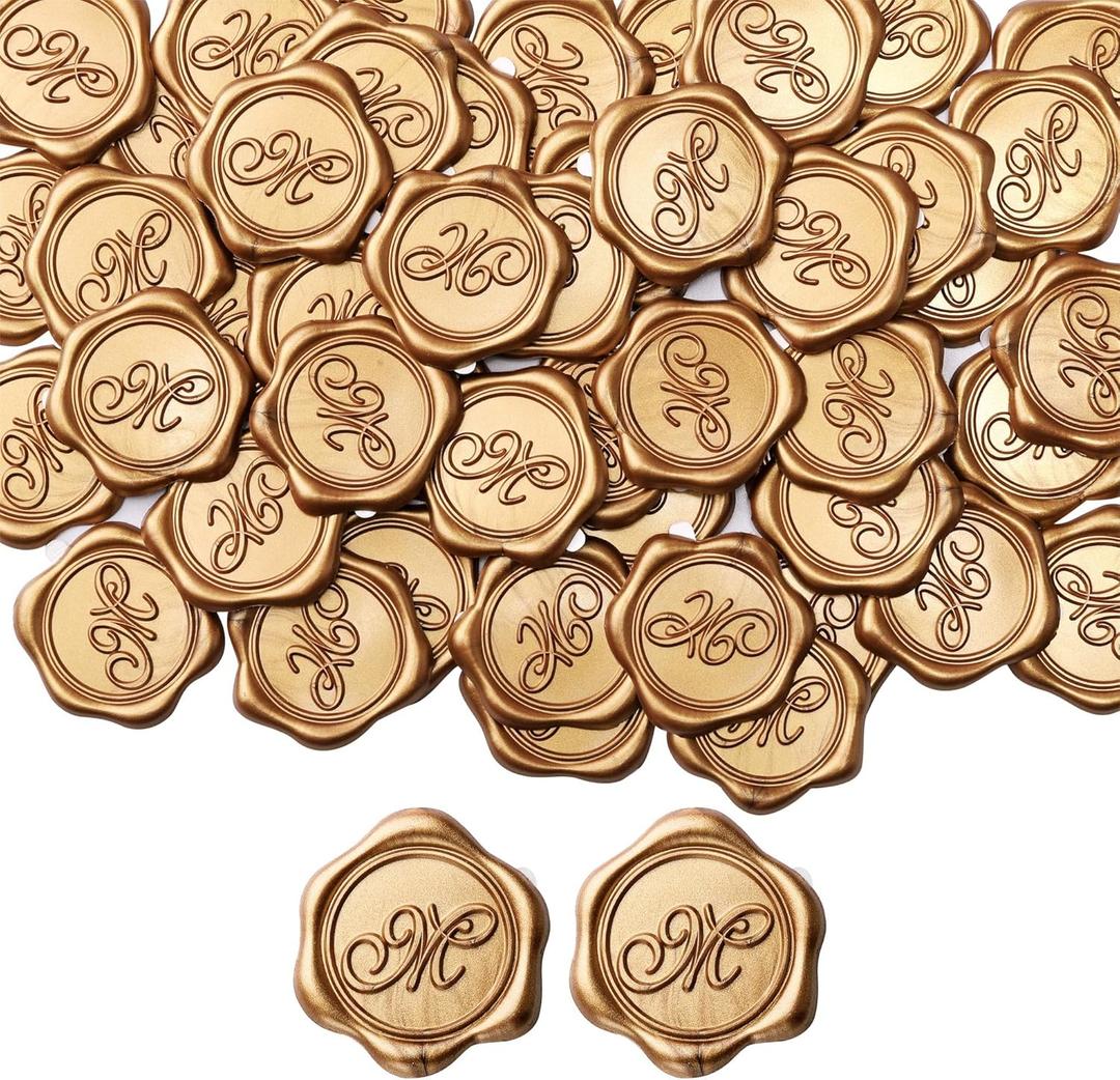 Yoption Initial M Wax Seal Stickers, 100 Pack Gold Self Adhesive Letter Envelope Seal Stickers for Wedding Party Birthday Christmas (M)