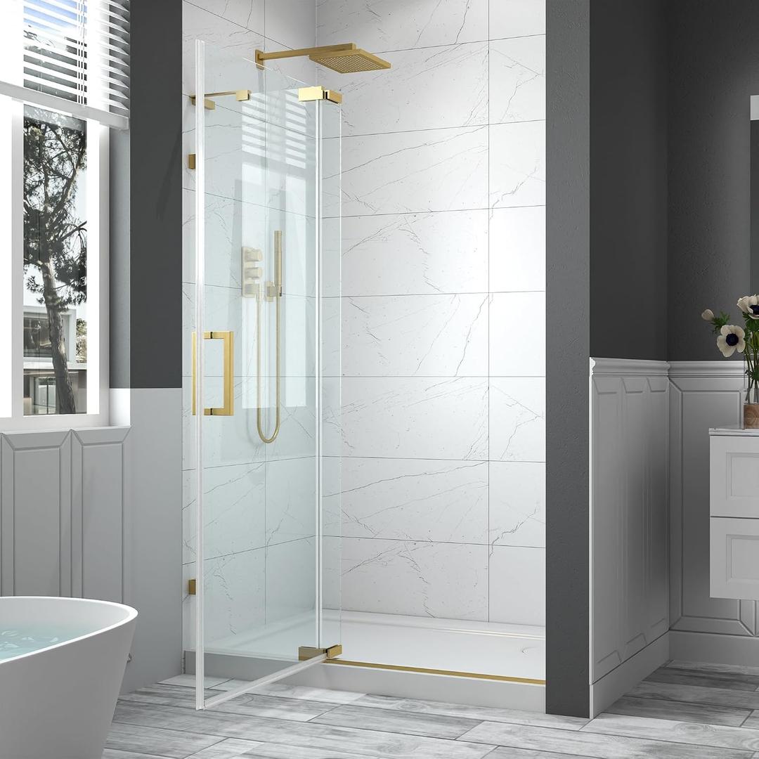 44-48" W x 70" H Frameless Pivot Shower Door, 5/16"(8mm) Clear SGCC Tempered Glass Shower Doors, Brushed Gold Hinged Shower Glass Door, Reversible Installation