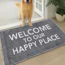 Muddy Mat Absorbent Microfiber Door Mat and Pet Rug, Non Slip Washable Chenille Indoor Outdoor Entry Rug for Kitchen Bedroom Bathroom - Welcome to Our Happy Place Funny Welcome Mat 19"x30"