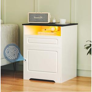 Night Stand with Charging Station,Fingerprint Lock Bedside Table with Drawers,Farmhouse End Table and Nightstand,Small Side Table for Bedroom,Living Room (White-with Fingerprint Lock, 1-Pcs)
