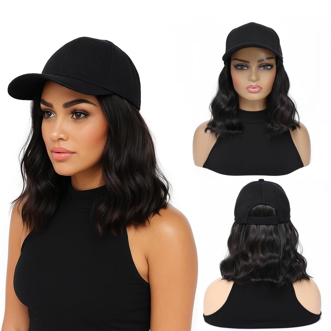 Hat Wig Baseball Cap with 12" Short Black Mix Brown Synthetic Curly Wavy Hair Extension Attached for Women Adjustable Shoulder Length Wigs for Daily Party Outdoor Use