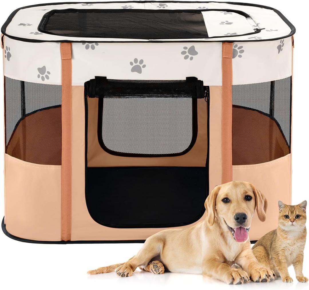 Avont Portable Dog Cat Playpen, Foldable Pop Up Pet Play Pen Travel Crate with Floor and Mesh Door Top for Indoor Outdoor Collapsible Tent Cage -M, Orange (Size M-32"24"22")
